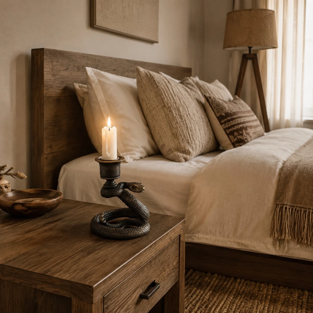 Aura Snake Candlestick styled on a bedroom nightstand