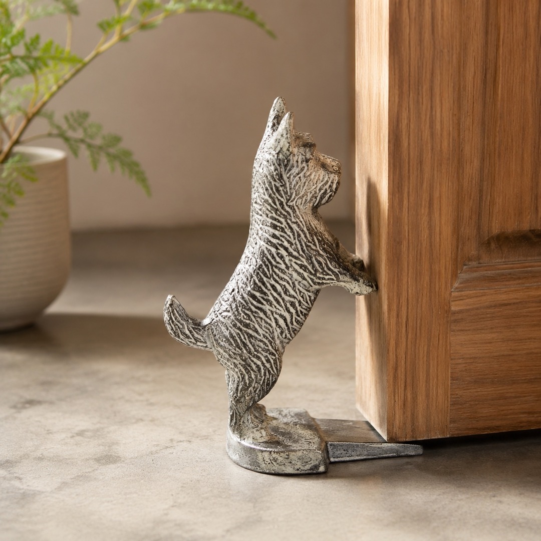 White Guardian door stopper beside a wood door and plant