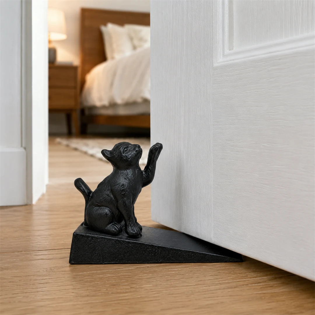 Guardian black cat wedge door stopper holding a white door