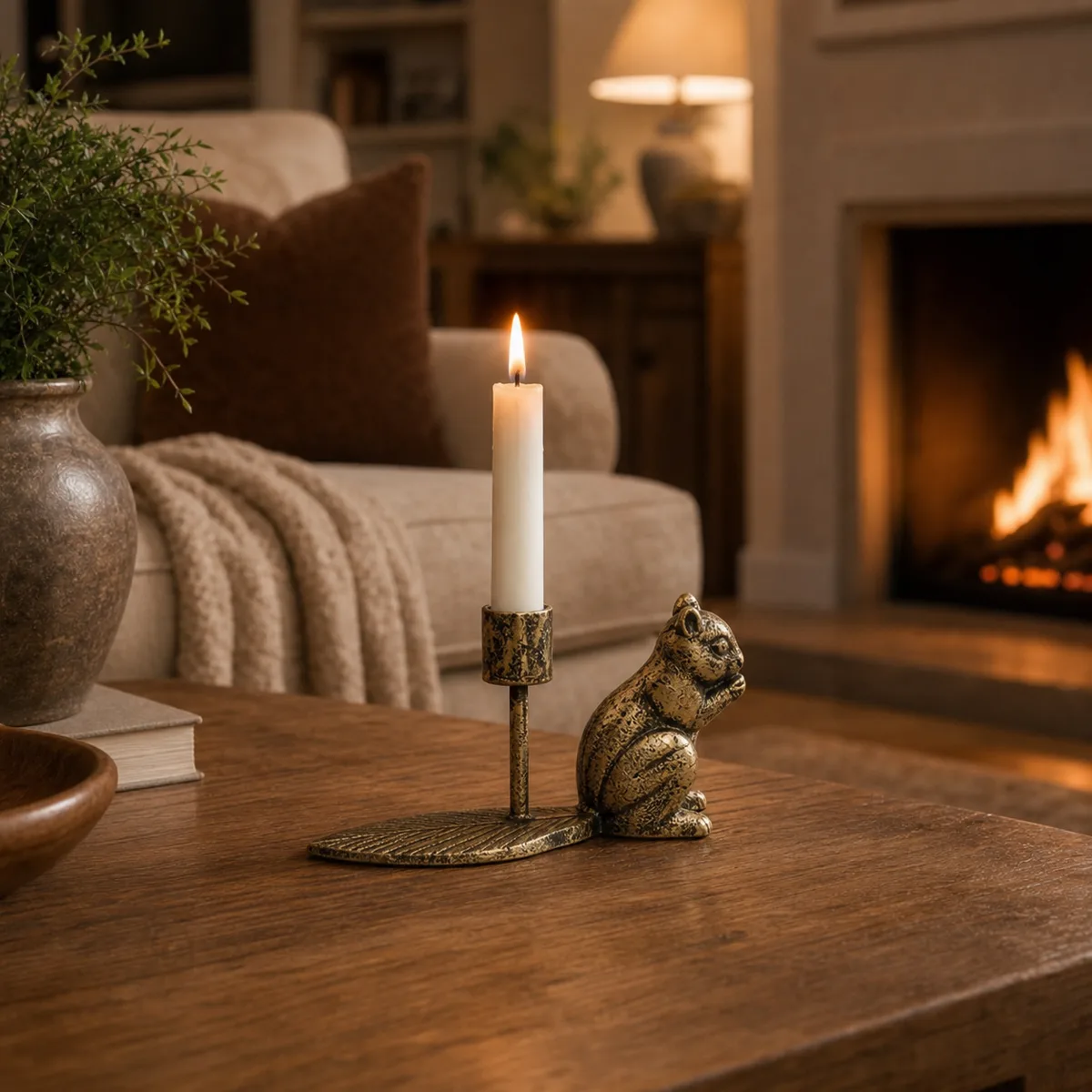 Aura antique brass animal candlestick styled on a tabletop