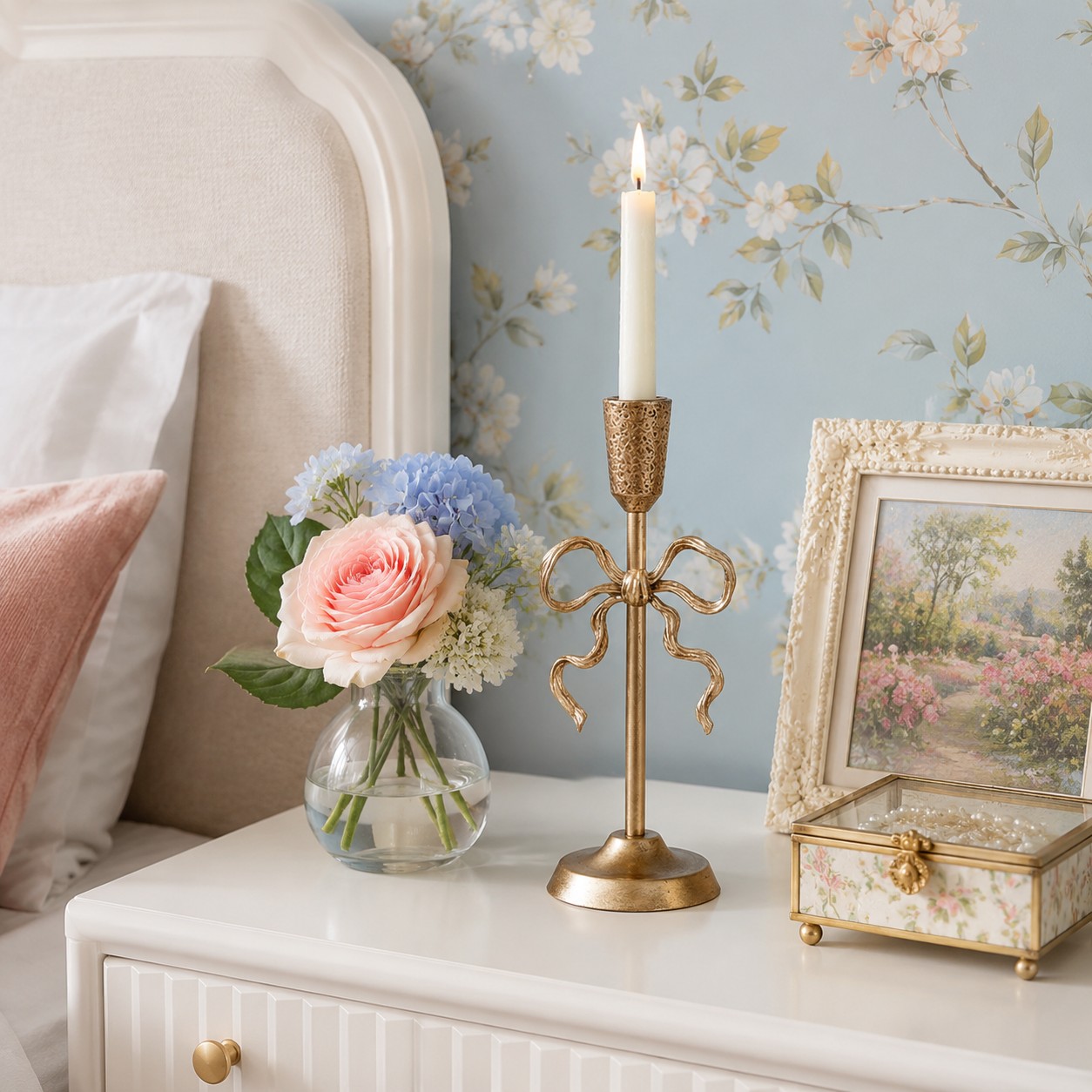 Aura candlestick in soft bedroom decor setting