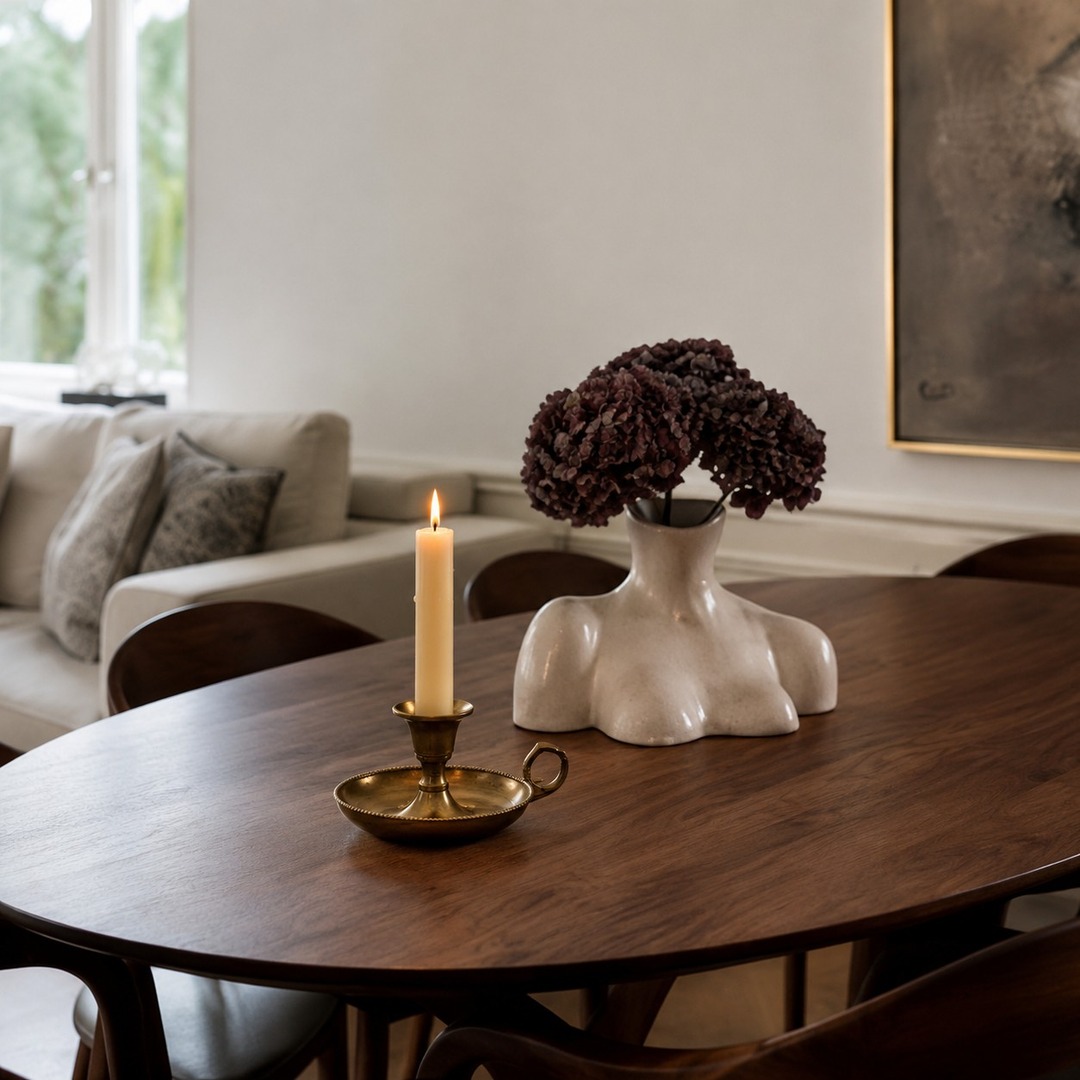 Aura candlestick styled on a dining table in a living space