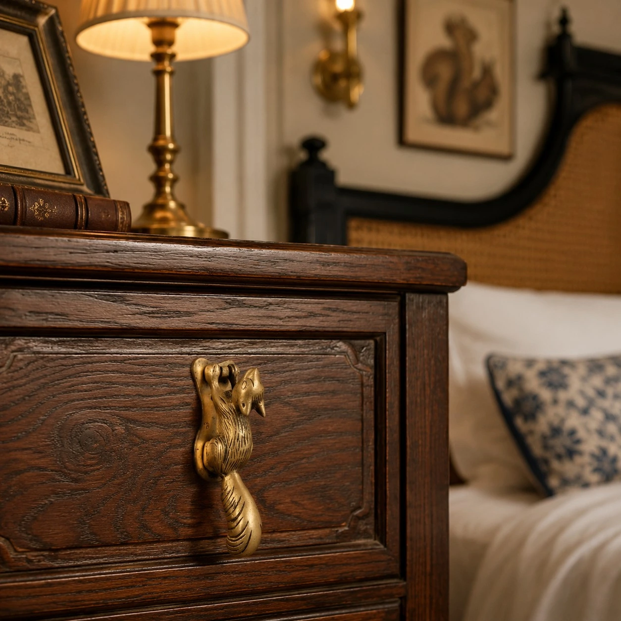 Squirrel brass cabinet handle on an antique wood cabinet door