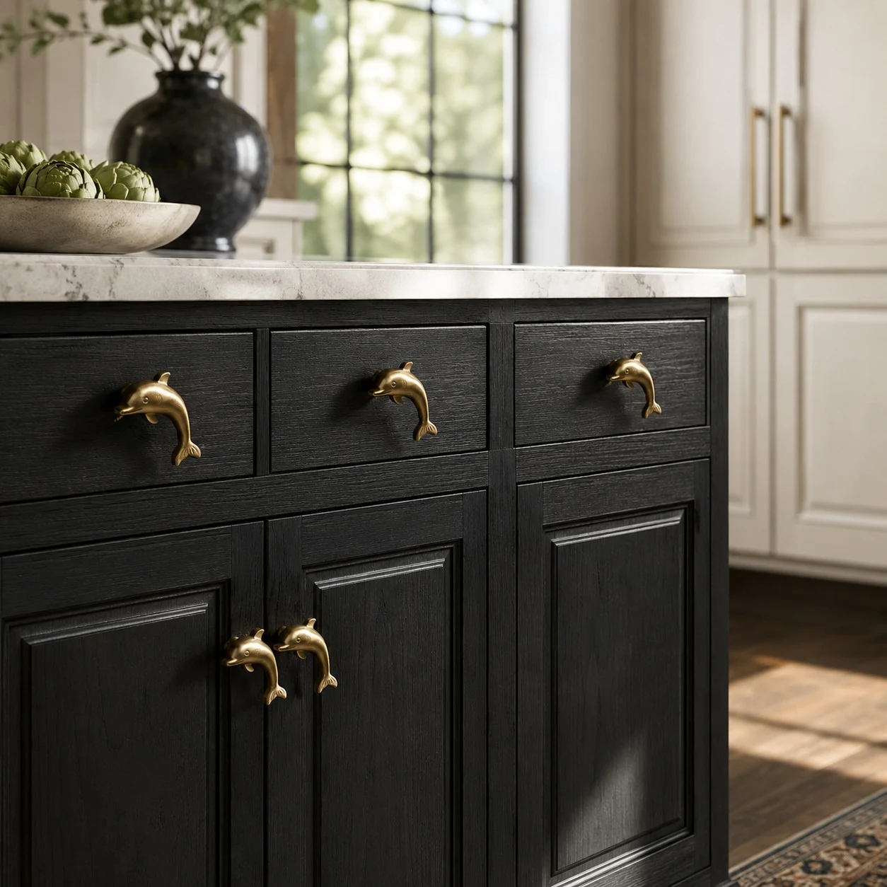 Natural brass Dolphin cabinet pulls on a black kitchen island