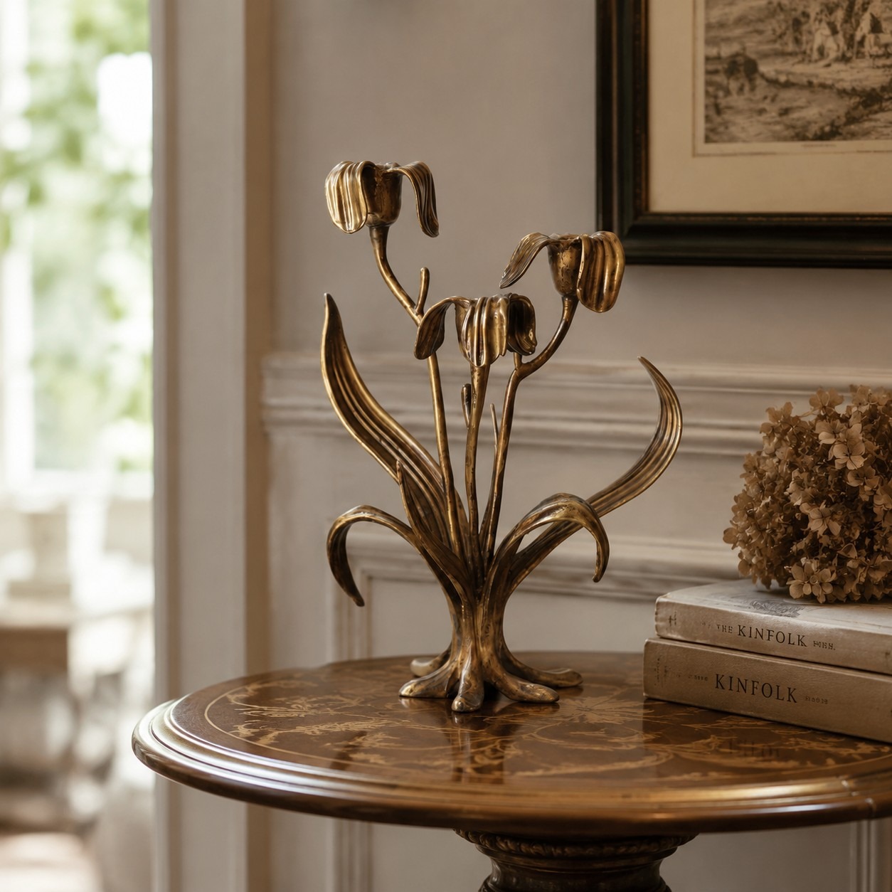 Aura Iris candle holder on a round table in daylight