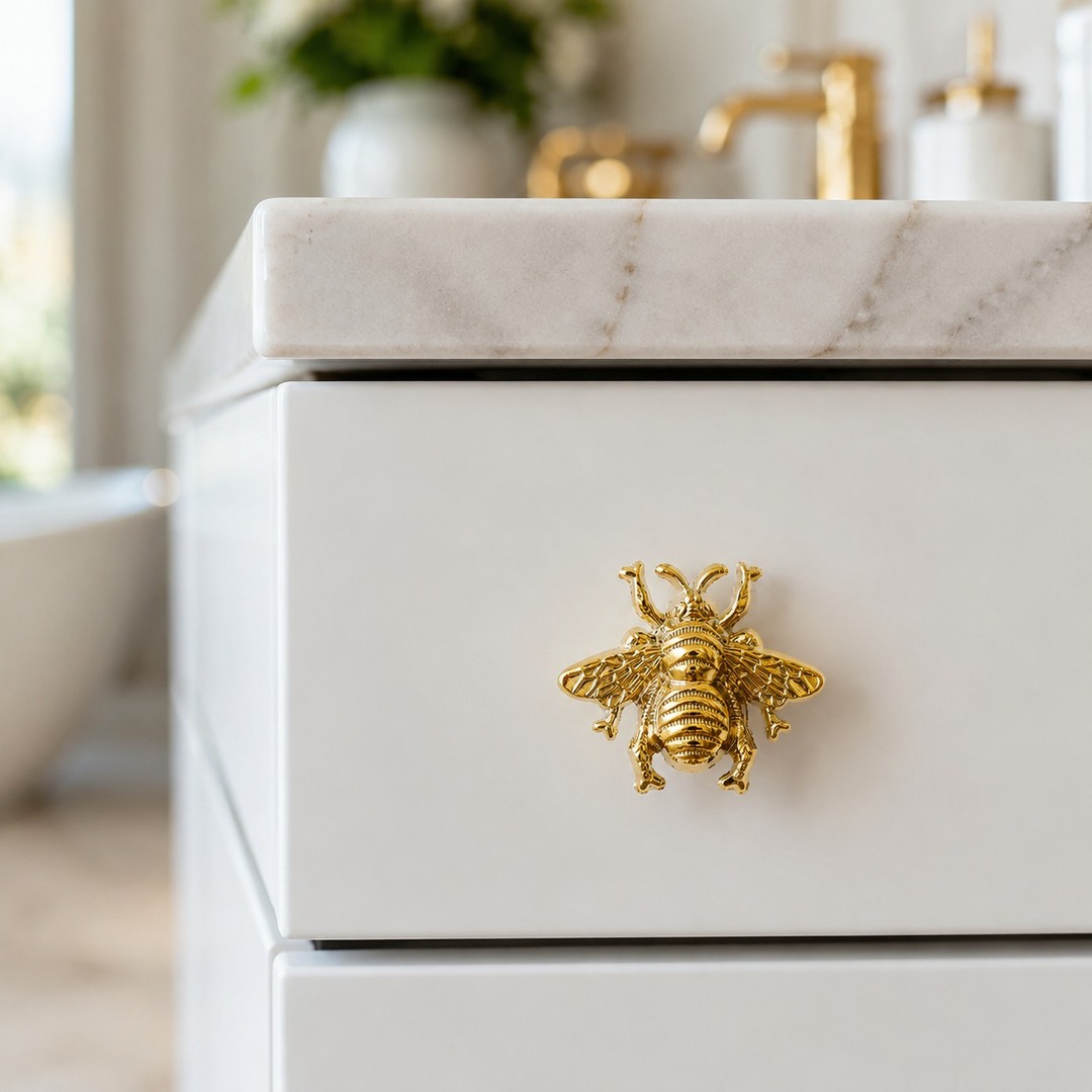 Gold Totem bee cabinet handle on a white drawer with marble counter