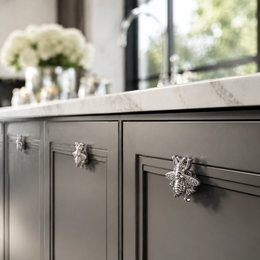 Chrome Totem bee cabinet handle installed on dark vanity cabinetry