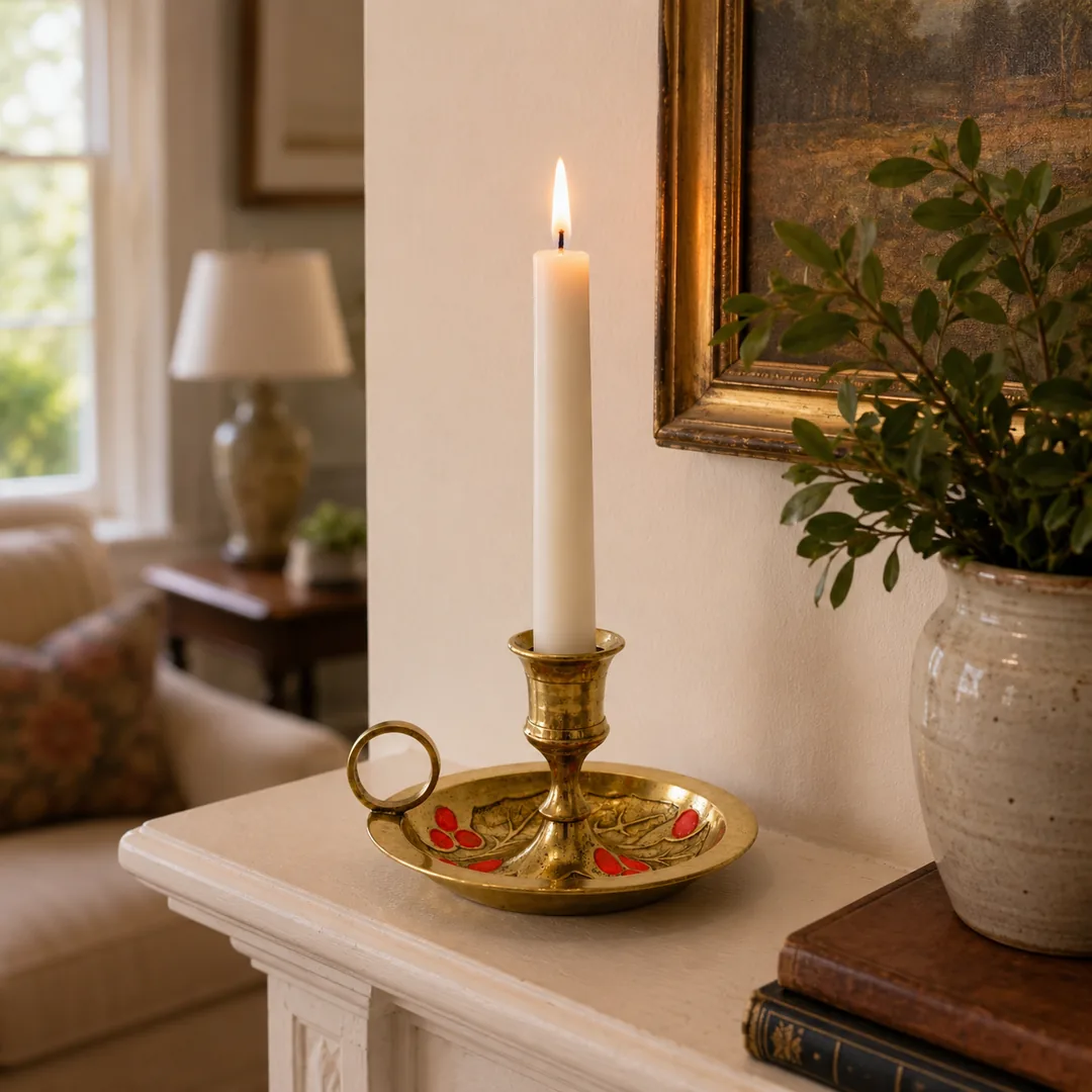 Aura brass candlestick on a dining table with textile runner