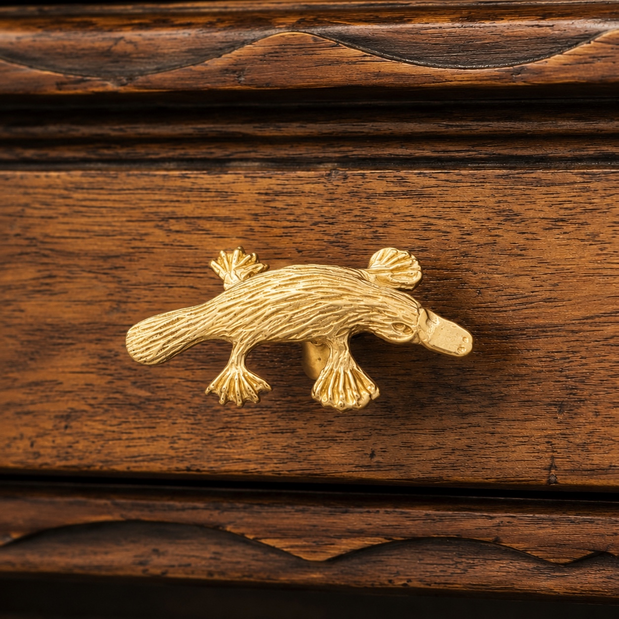 Primary finish Totem platypus copper cabinet handle on wood drawer