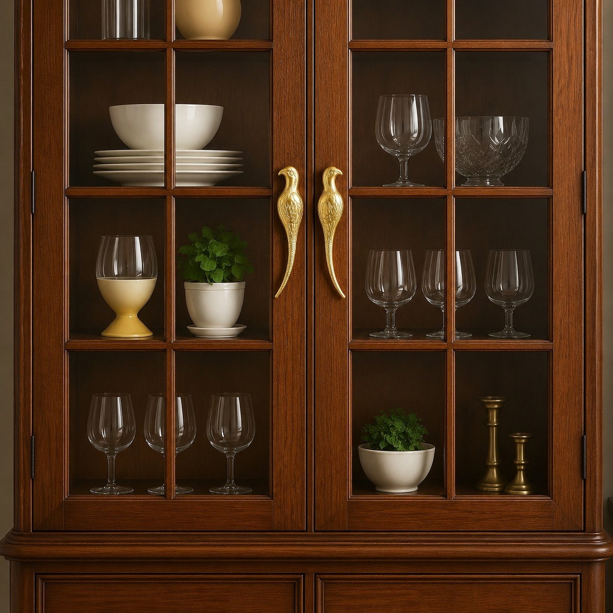 Totem brass cabinet handles on a glass-front wooden cabinet