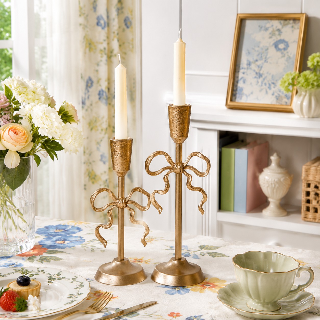 Pair of Aura gold candlestick holders styled on a table