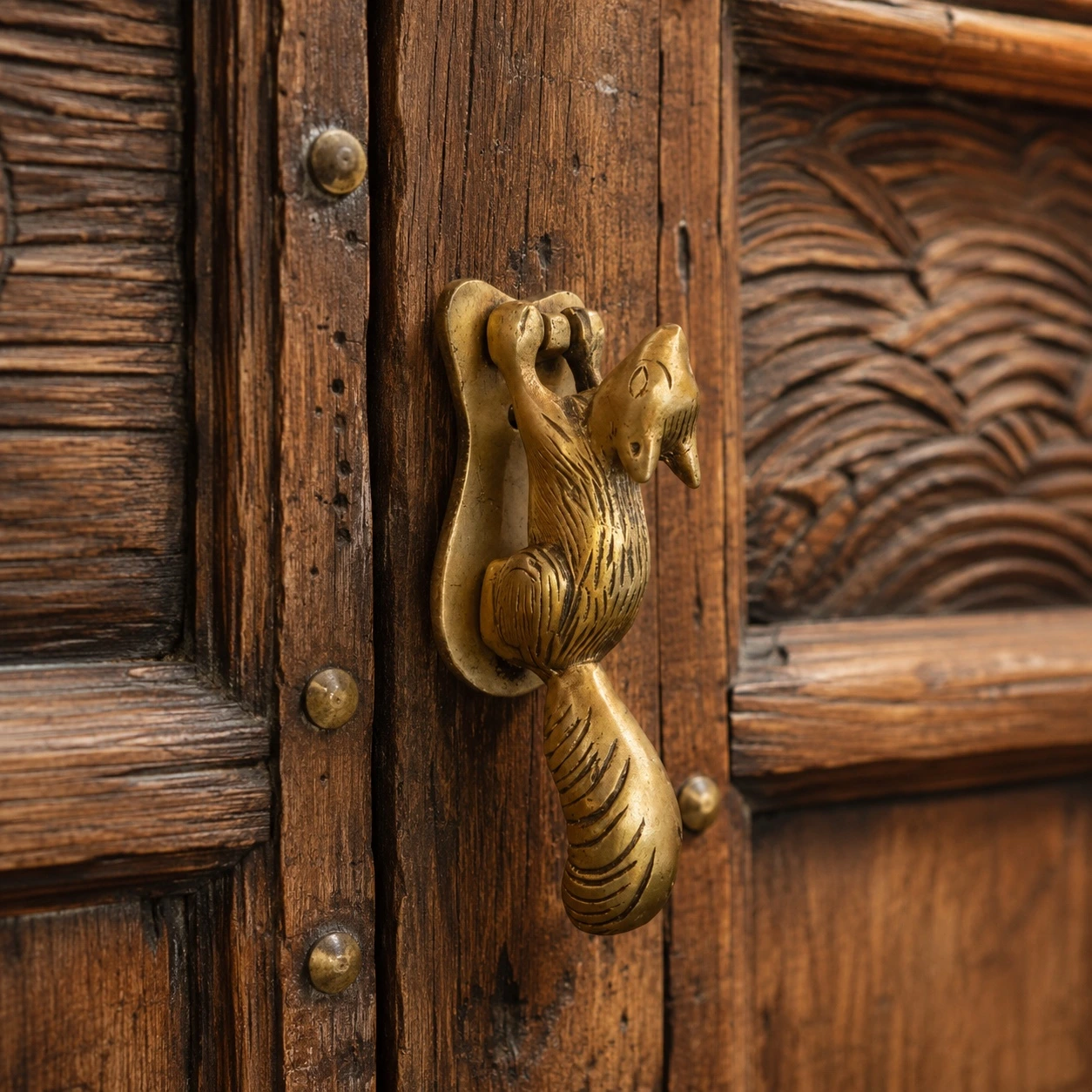 Totem squirrel brass cabinet handle mounted on warm wood