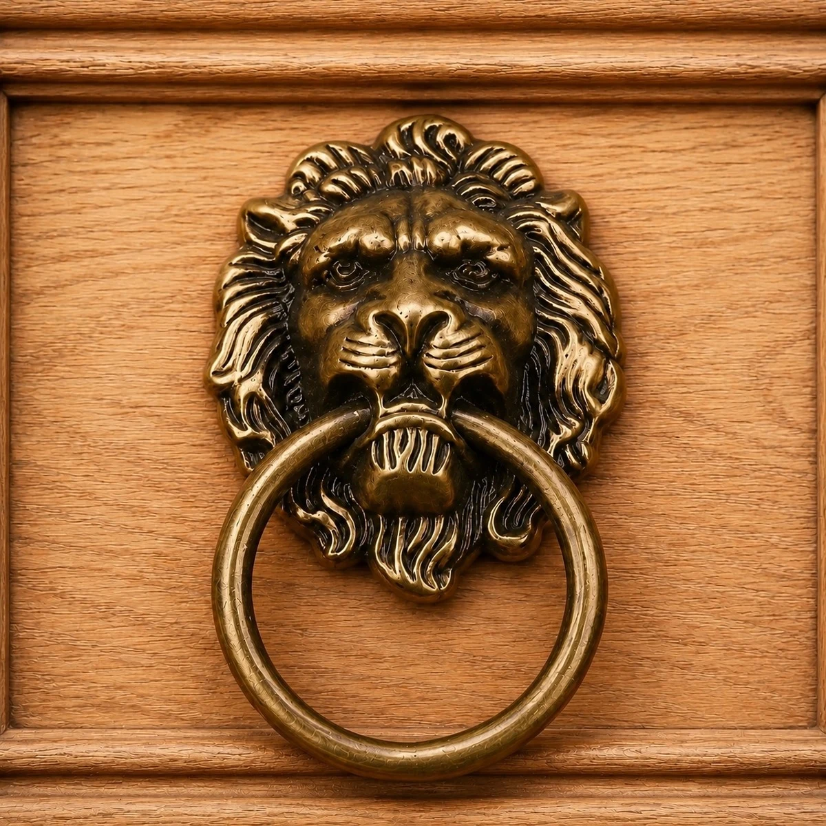 Totem lion head cabinet handle in antique blue brass finish
