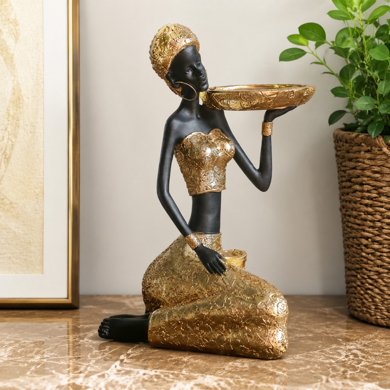 Aura Style B sculptural resin candlestick in black and antique gold