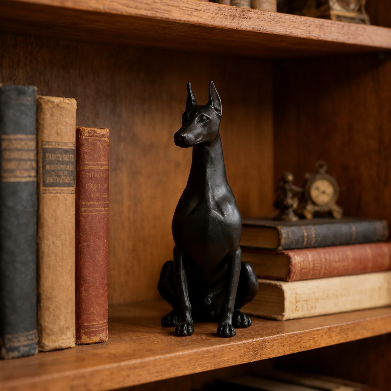 Black Doberman ornament displayed on a wooden bookshelf with books