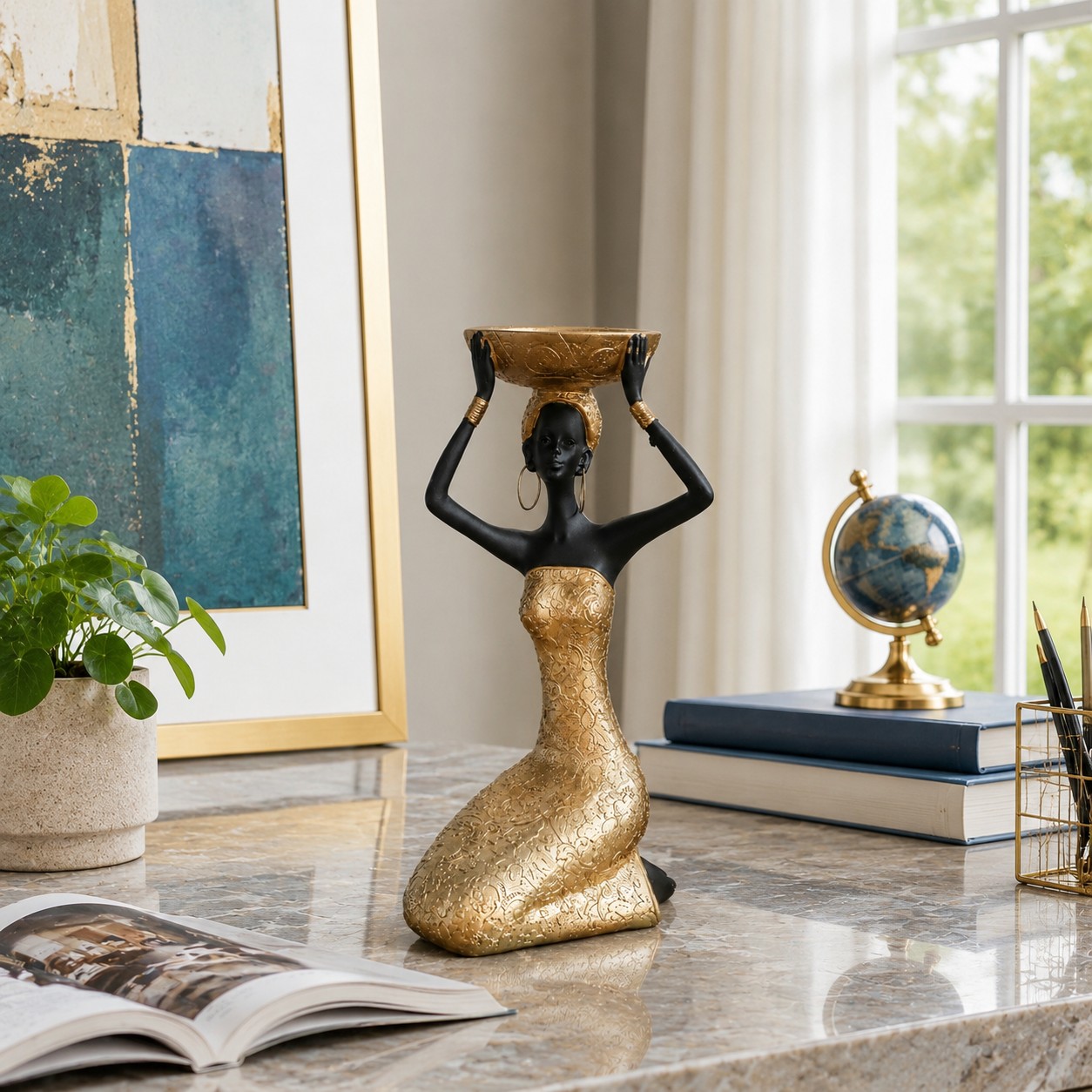 Aura Style A candlestick styled near books and window light