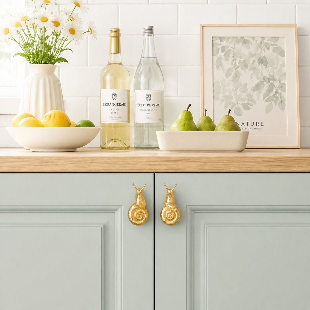 Totem brass snail knobs on sage cabinet doors with kitchen styling