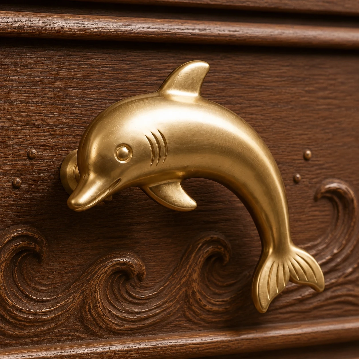 Natural brass Dolphin cabinet knob close-up showing body depth and mount