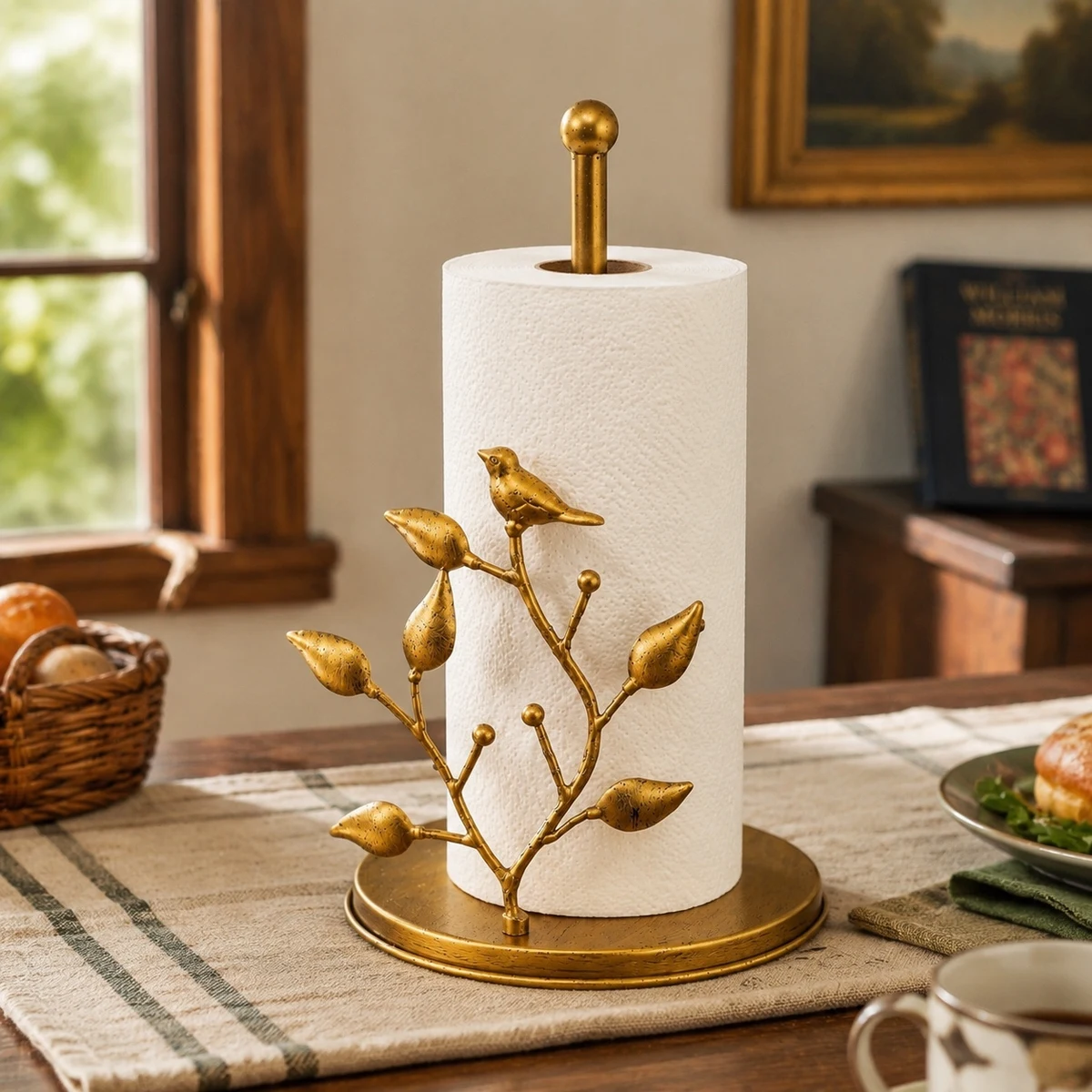 Bird Forma tissue holder in a warm kitchen setting