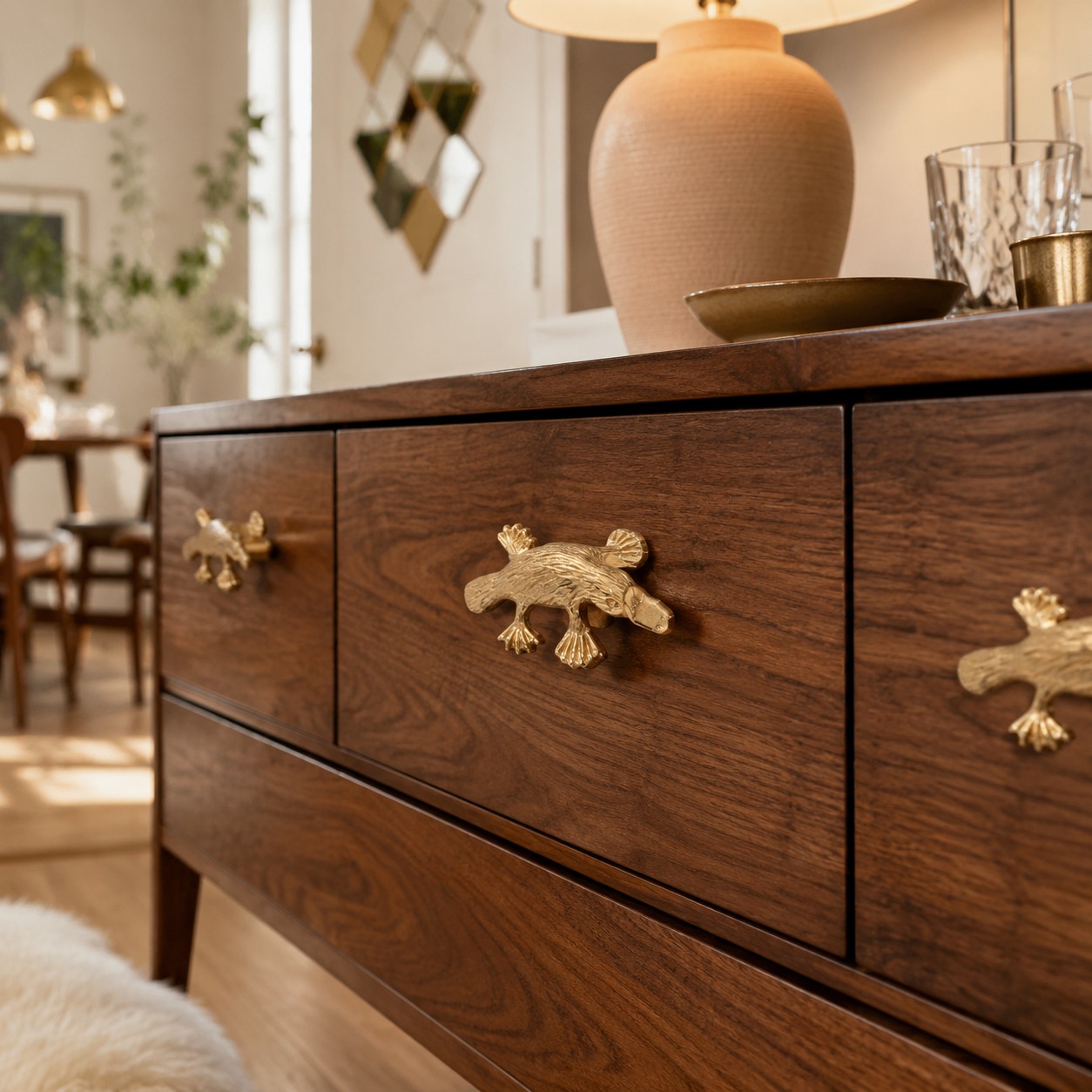 Primary finish Totem cabinet handles on warm wood dresser