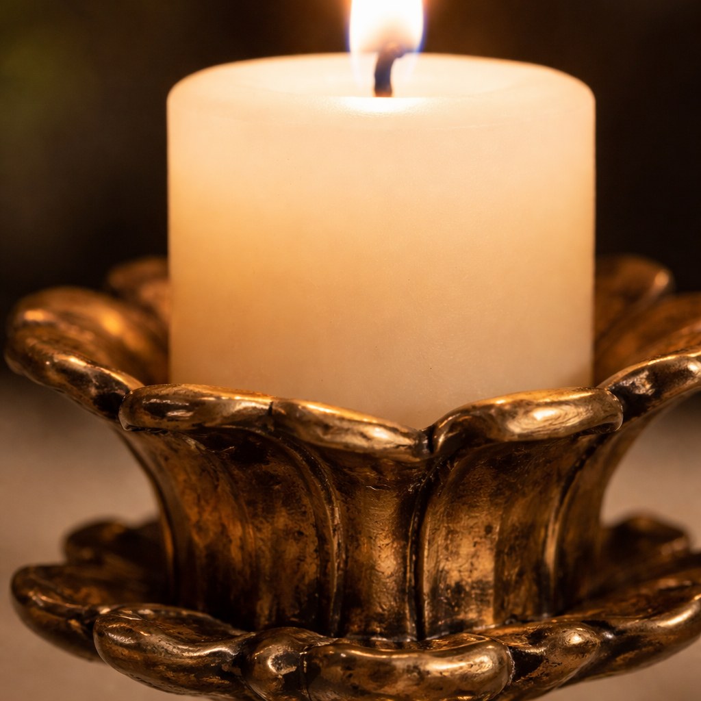 Close detail of candle seated inside Aura copper candlestick cup