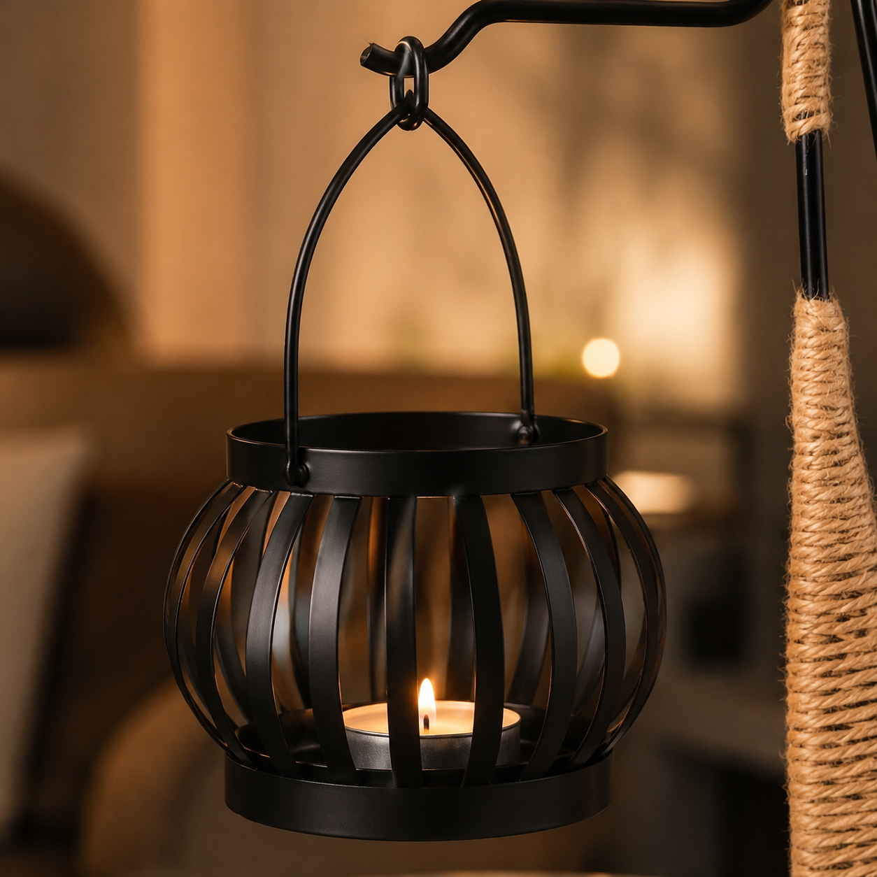 Close detail of Aura black metal lantern cup with tealight candle