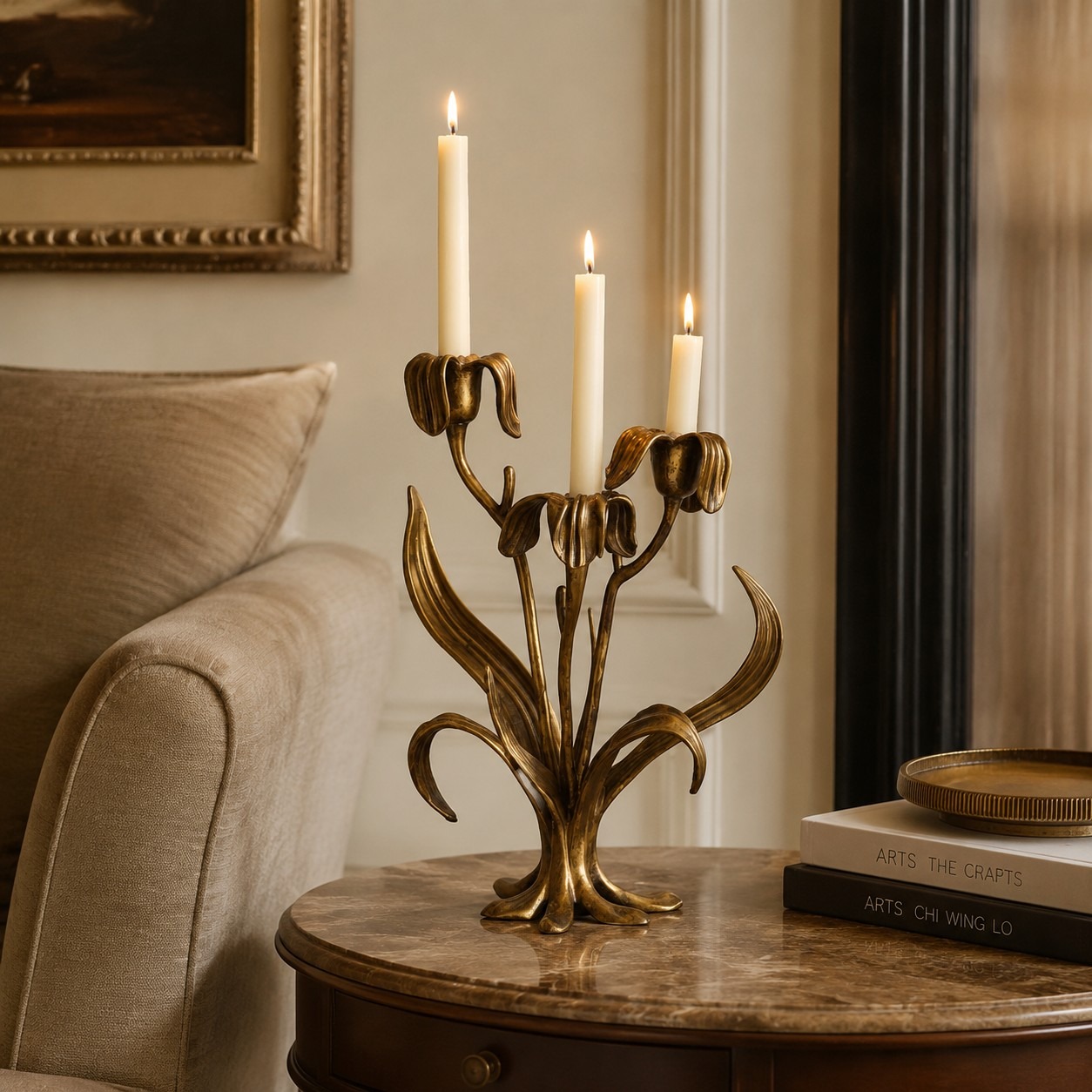 Aura Iris antique copper candle holder with lit candles in a living room setting