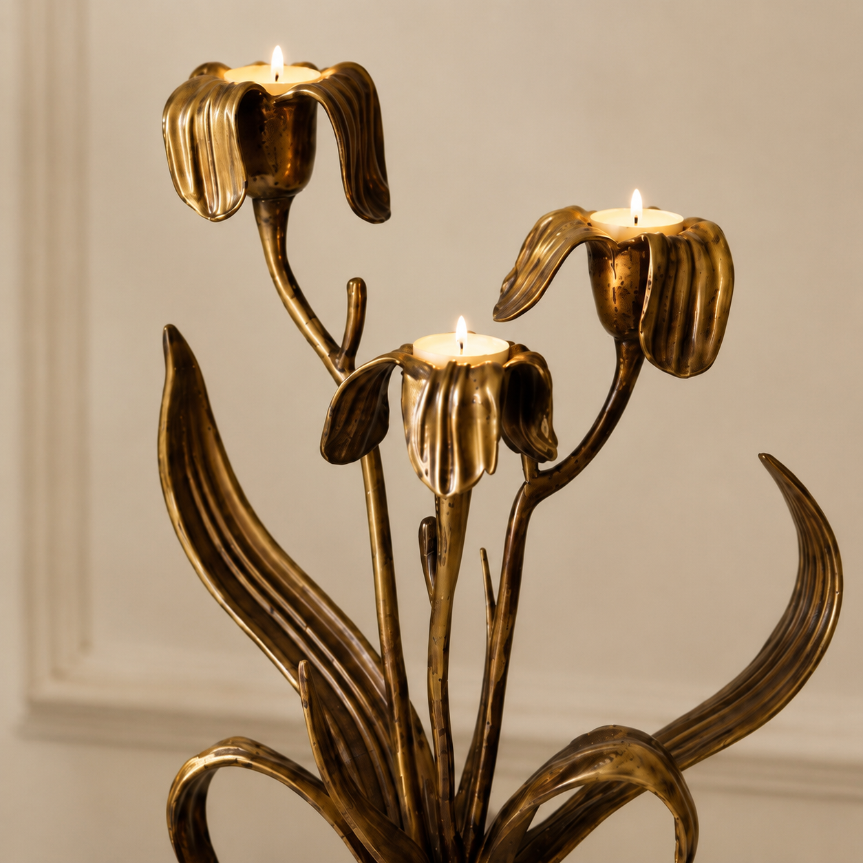 Close view of Aura Iris antique copper flower cups and stems