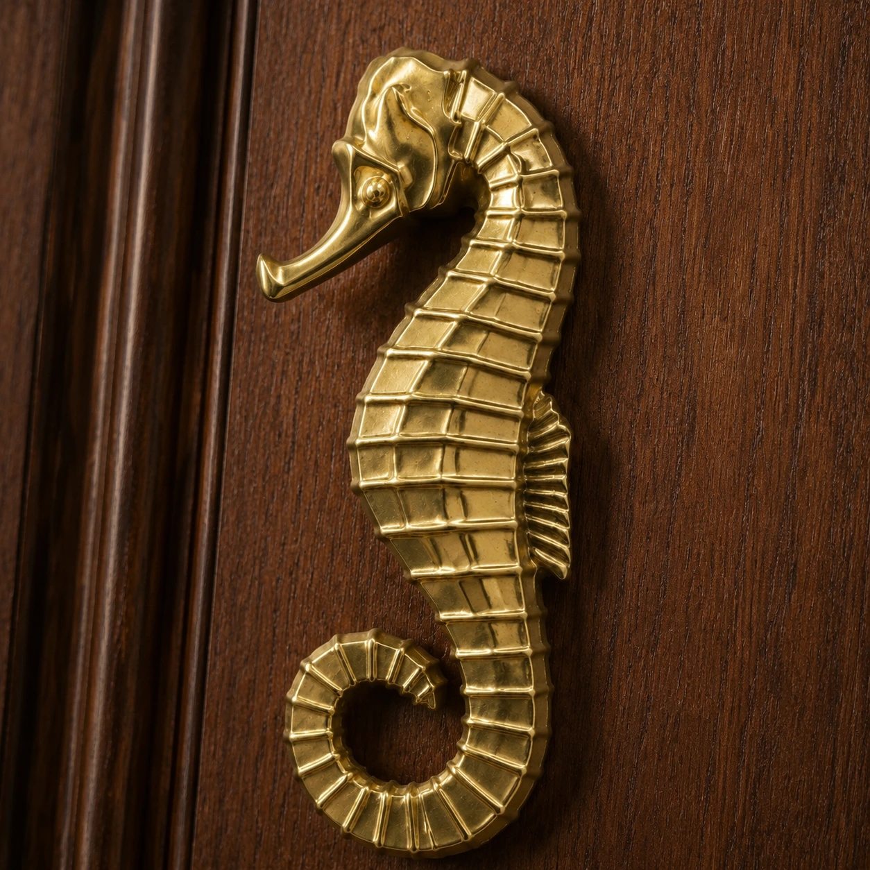 Close product detail of the Totem Haima seahorse cabinet handle silhouette