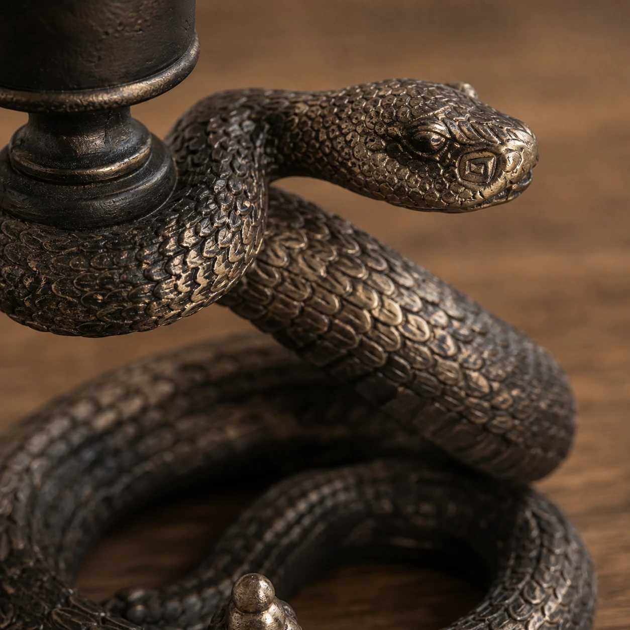 Close-up of the snake scale texture and antique finish