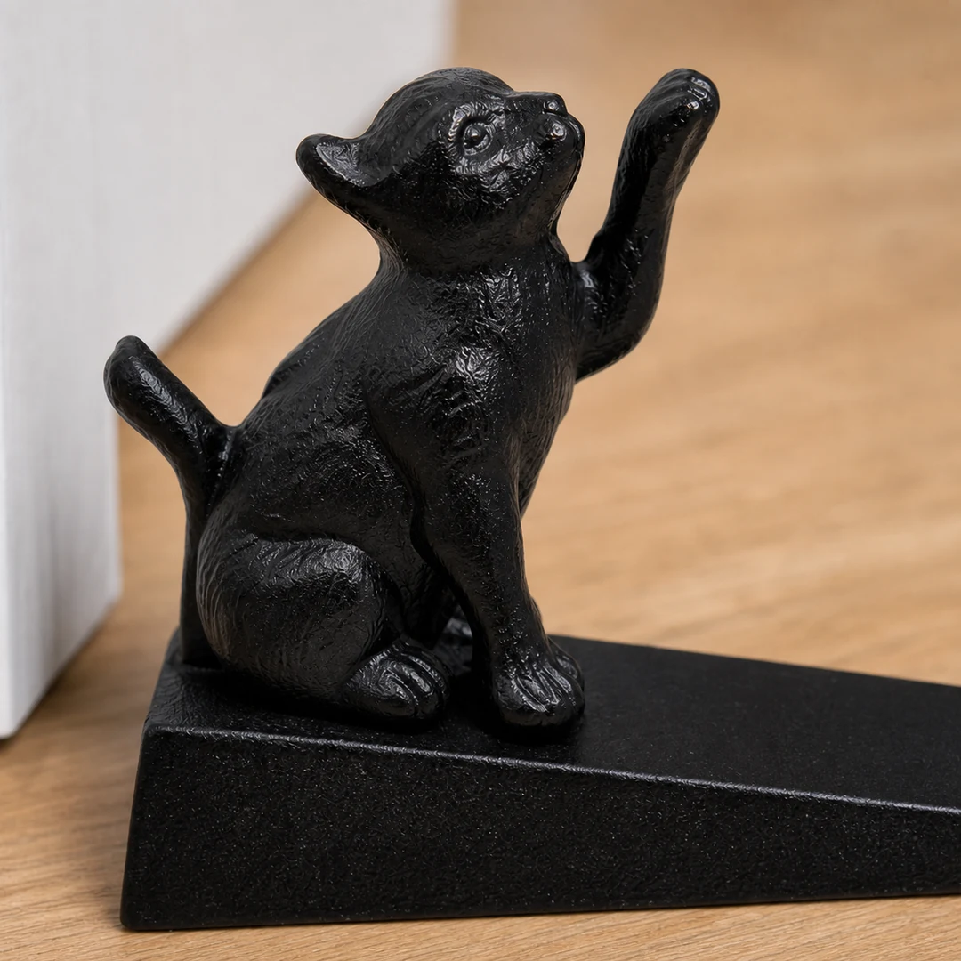 Close-up of Guardian cast iron cat door stopper shape