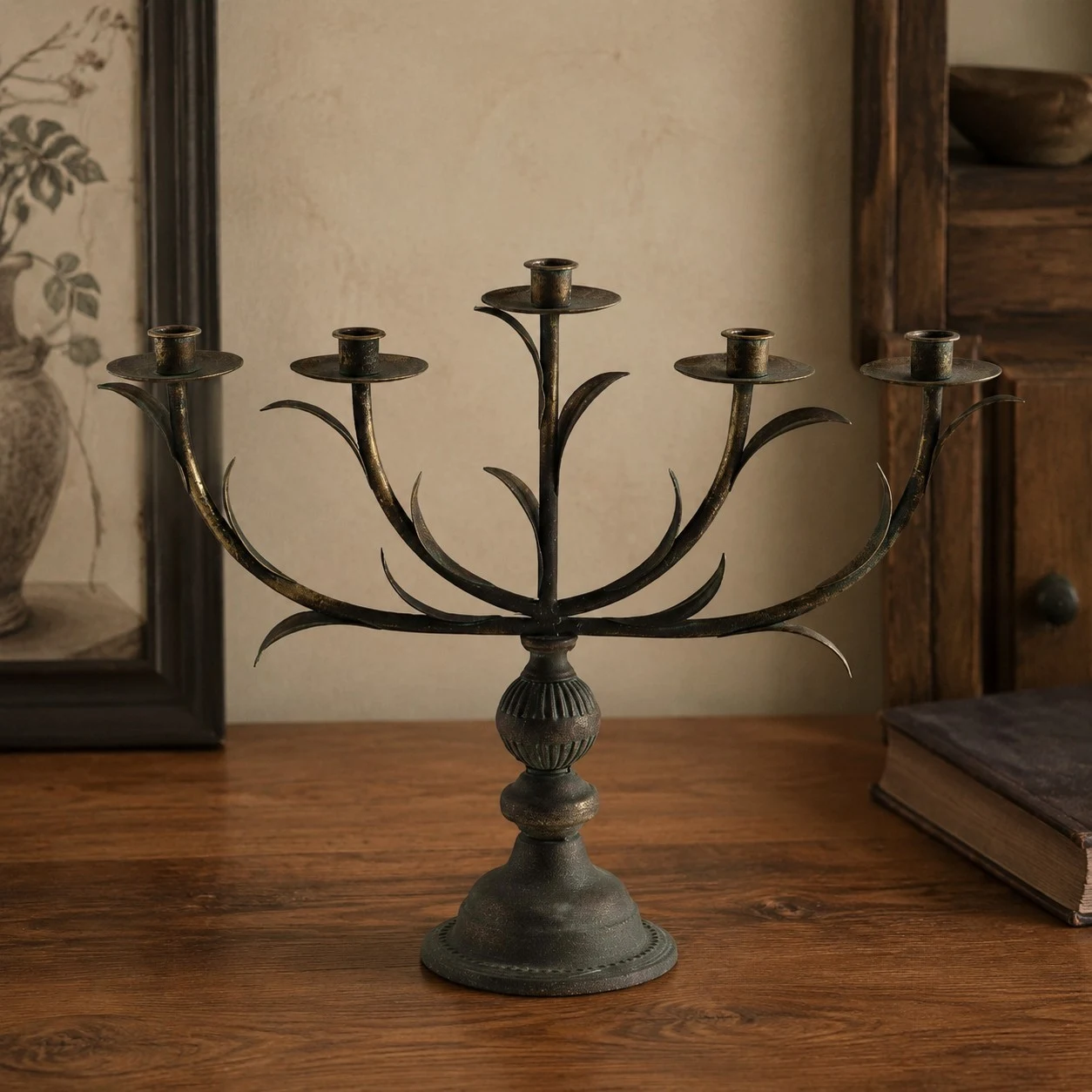 Aura antique five-head candlestick with branching leaf silhouette