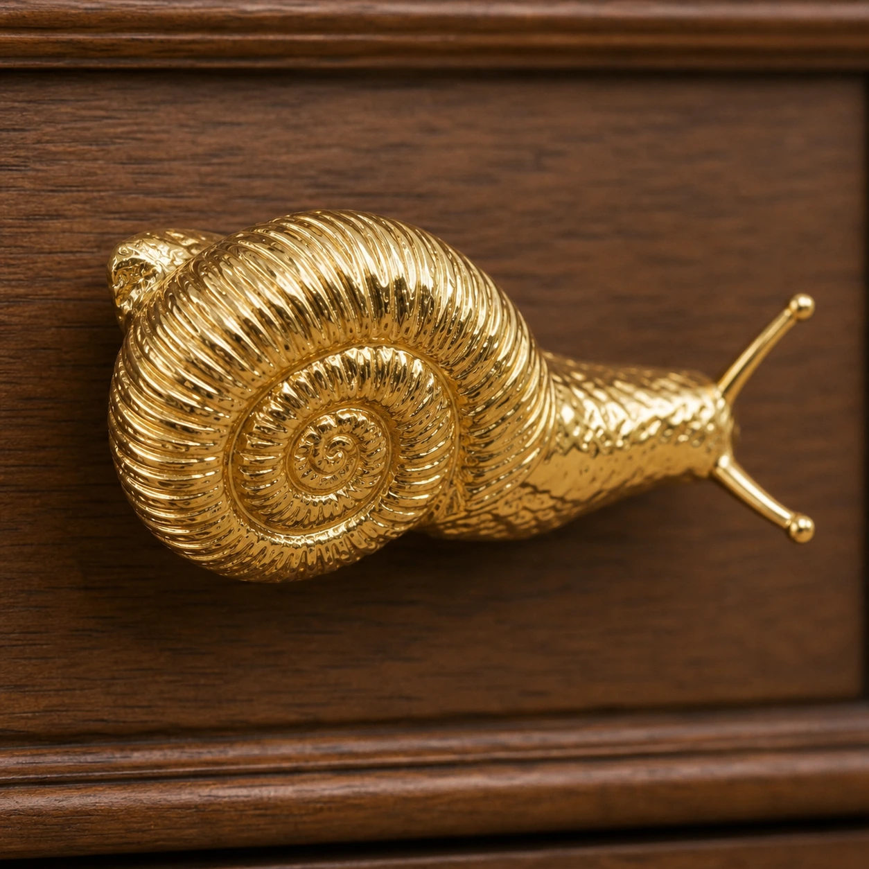 Close-up of the spiral shell texture on the brass snail cabinet handle