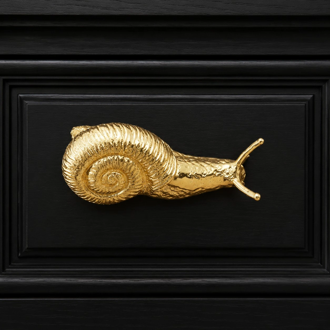 Large Totem polished brass snail cabinet handle mounted on a dark cabinet panel