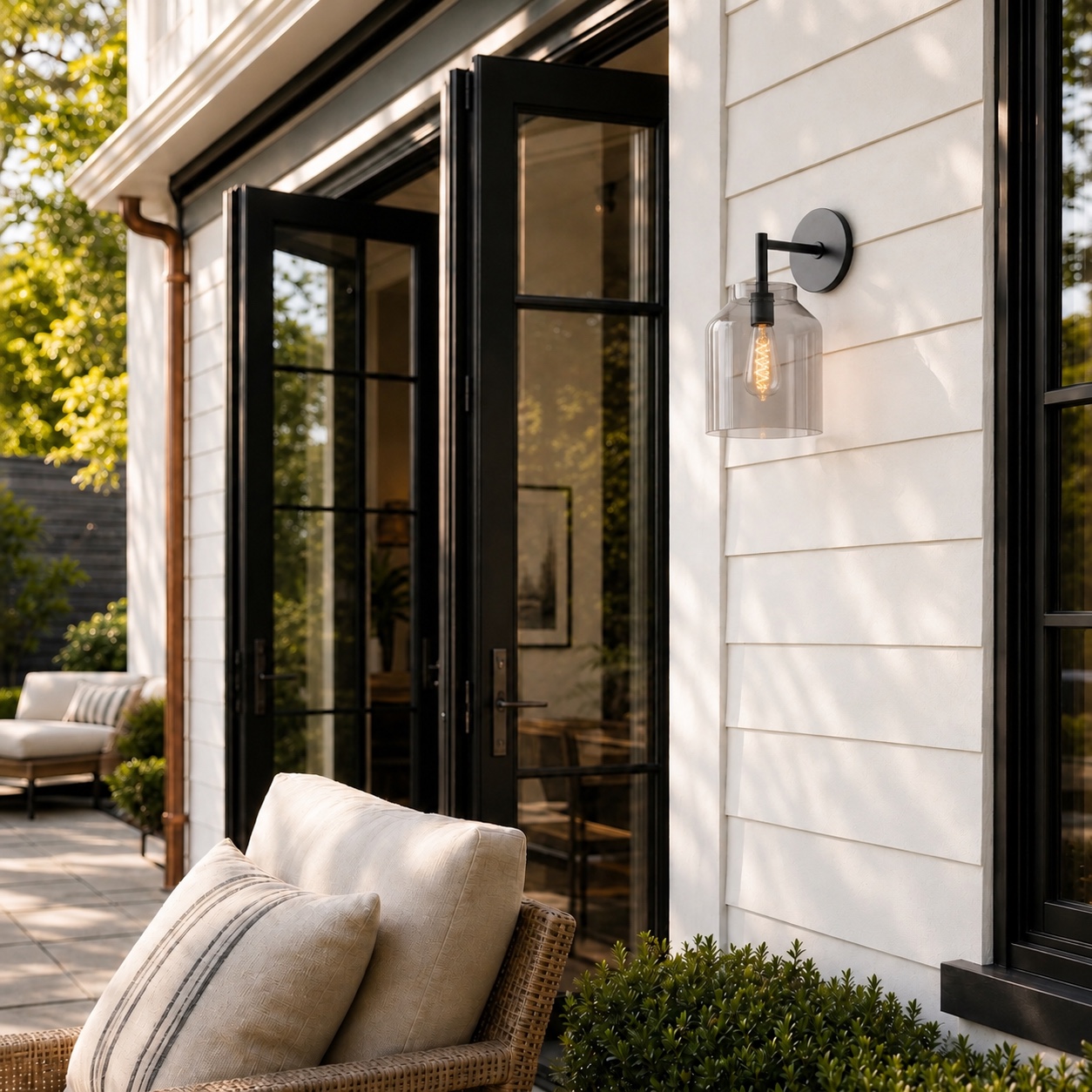 Hanton outdoor wall sconce beside a patio doorway