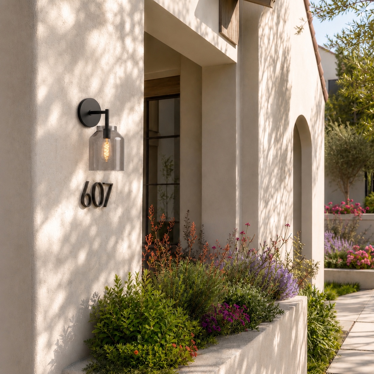 Hanton wall sconce on an exterior entry wall