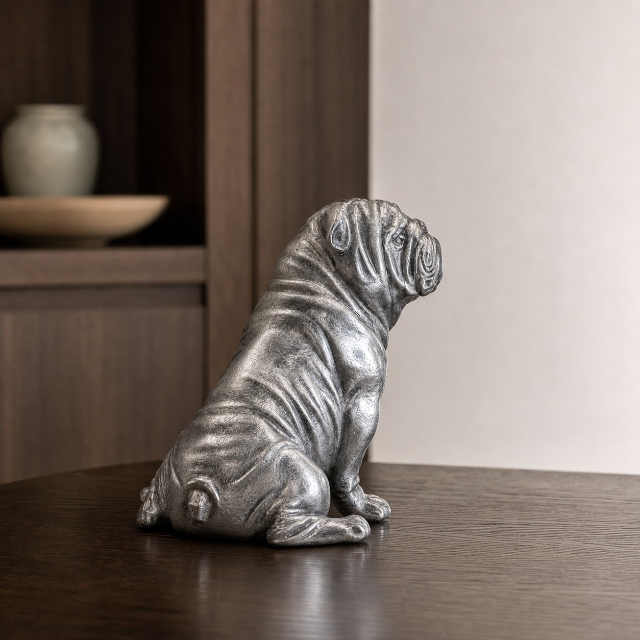 Floxo bulldog sculpture in a study setting
