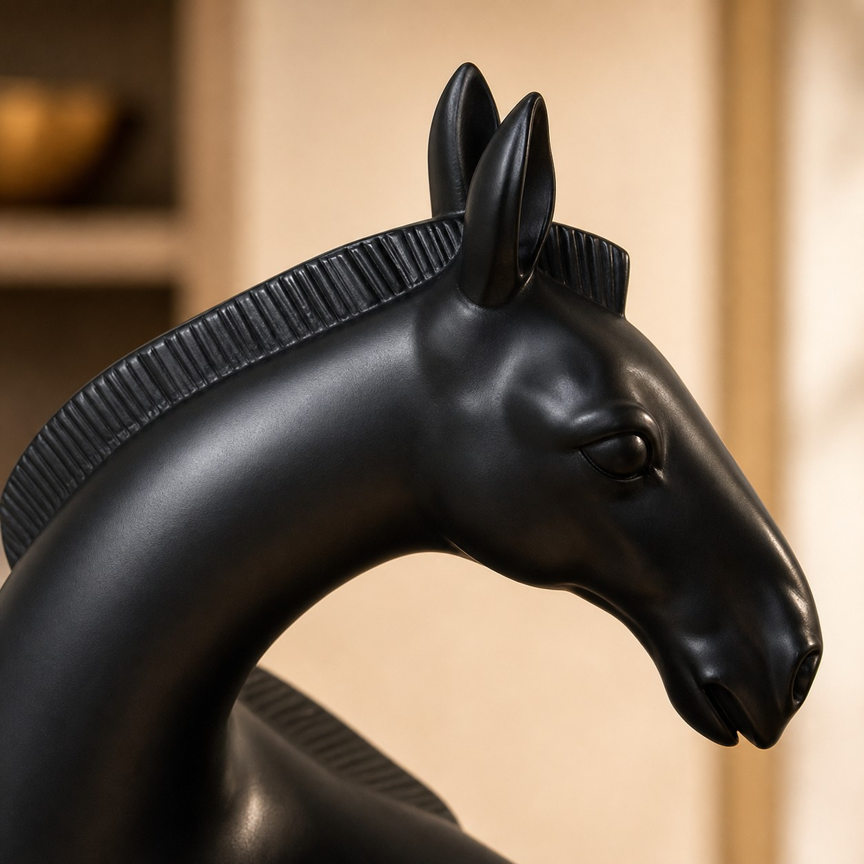 Equora black resin horse sculpture head detail