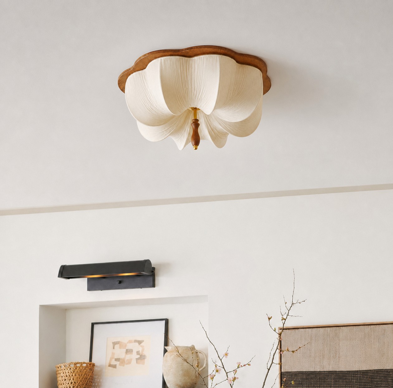 Scene image showing the low-profile wood-rim ceiling lamp in a warm interior.