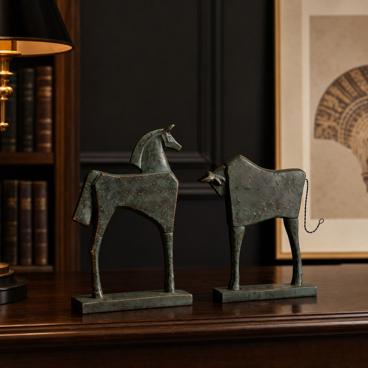 Equora copper-patina horse and bull sculptures beside books and art