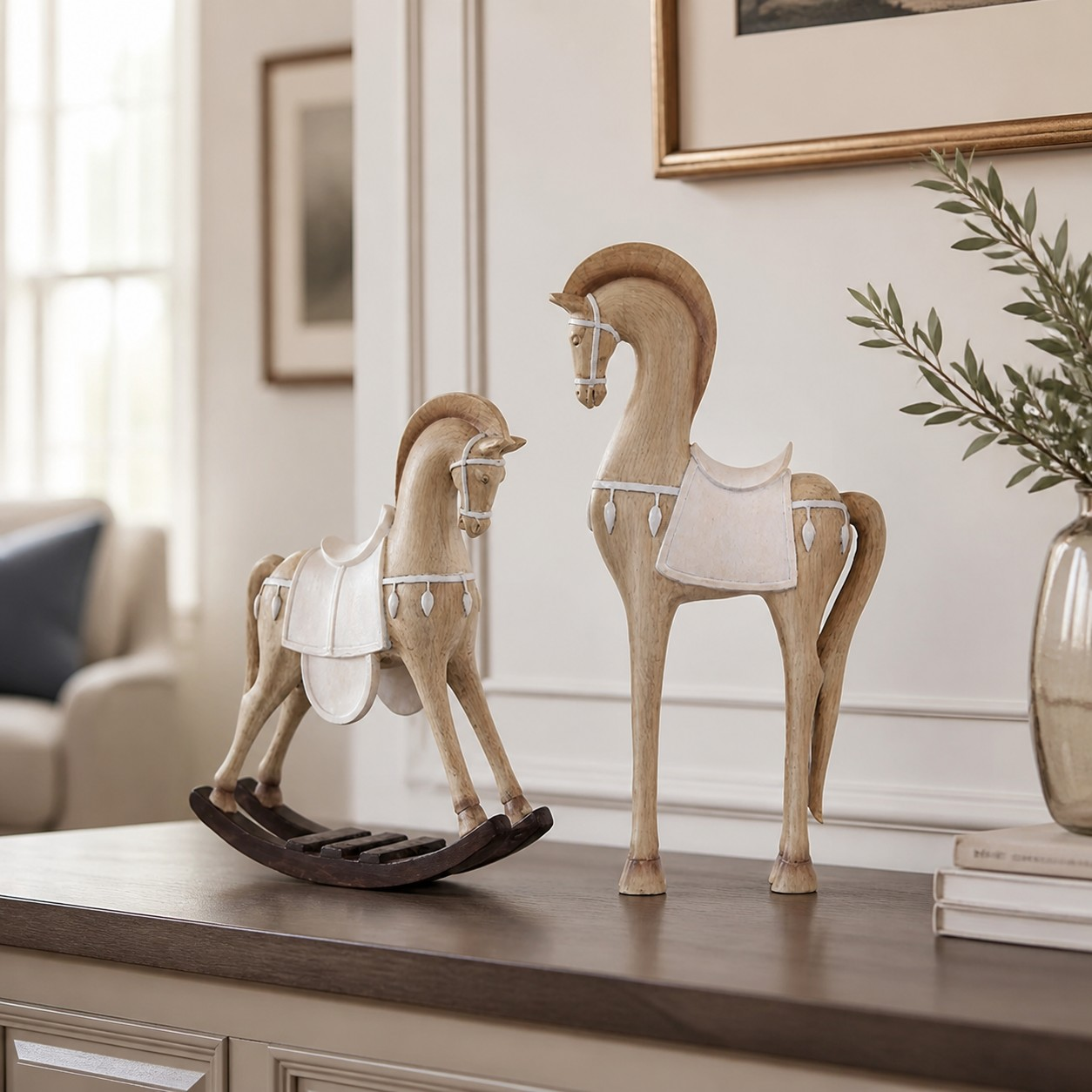 Equora rocking and standing horse sculptures displayed together