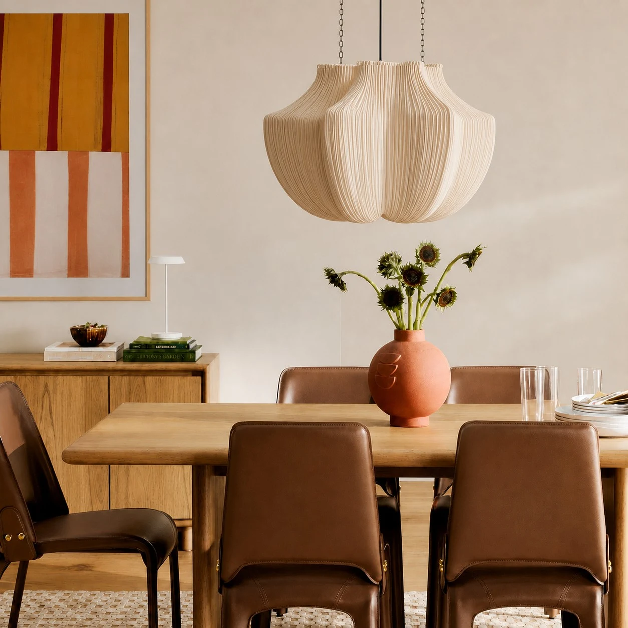 Linbron white fabric pendant lamp in a warm dining room