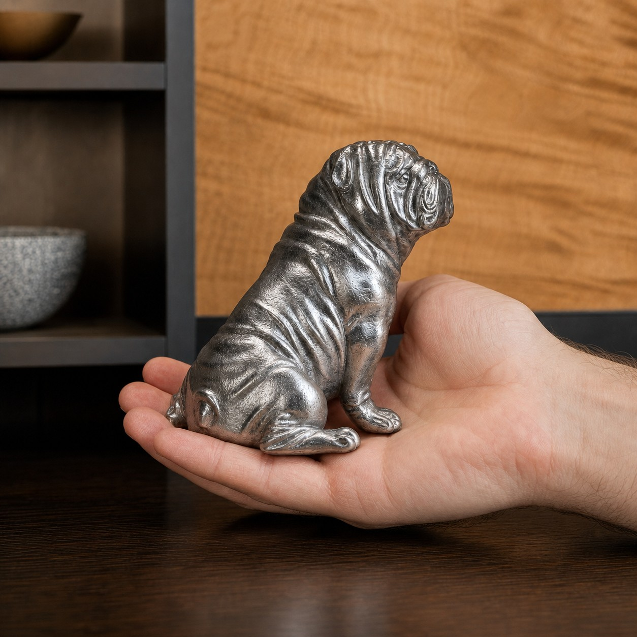 Compact Floxo bulldog sculpture held in hand
