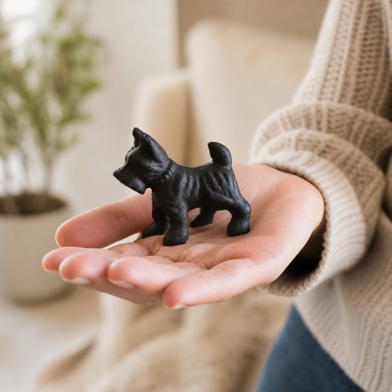 Miniature cast iron Schnauzer held in a hand