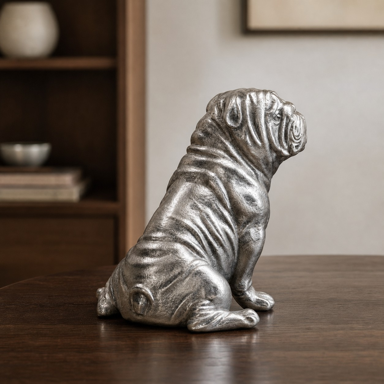 Floxo white copper bulldog on a wooden table