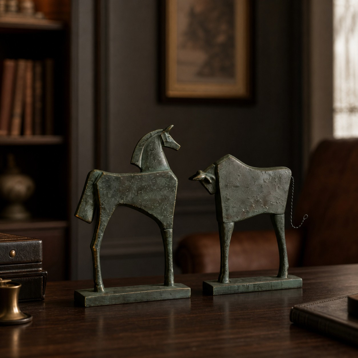 Equora horse and bull sculptures in a dark vintage interior
