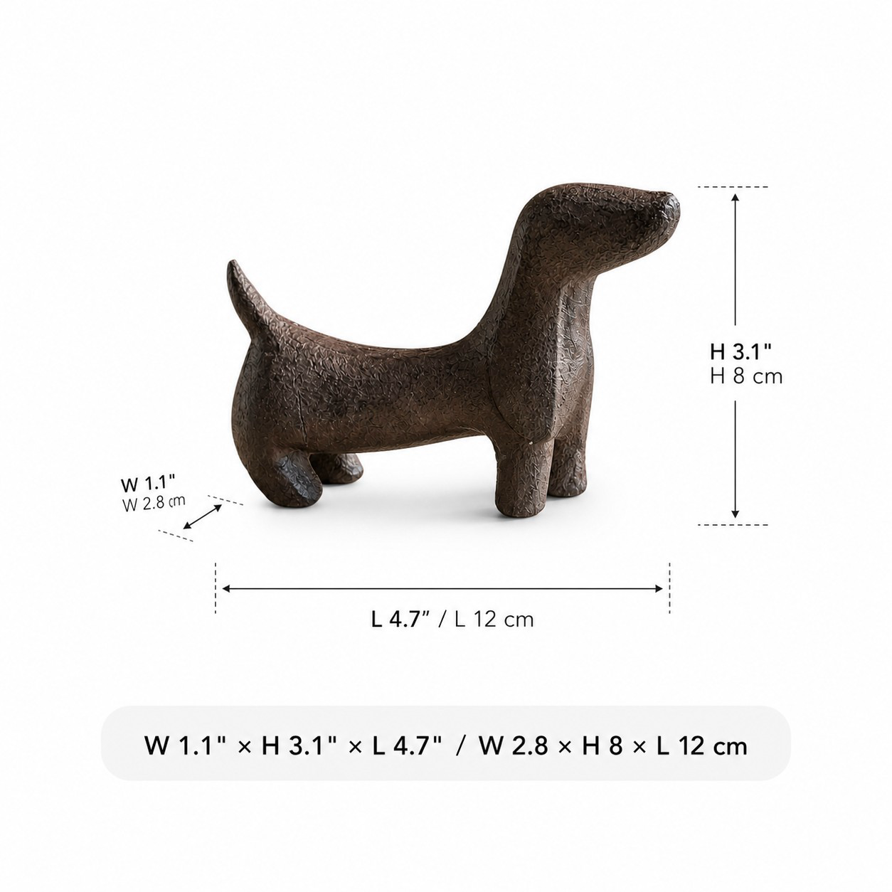 Cast iron Dachshund dimensions: 12 by 2.8 by 8 centimeters