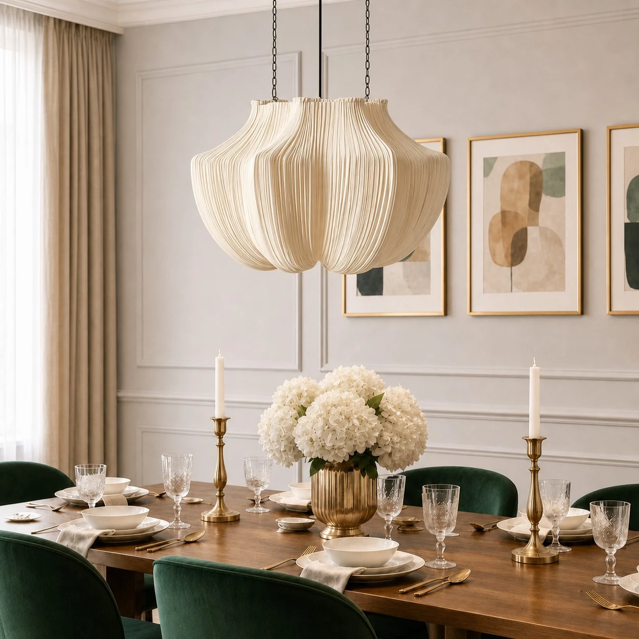 Linbron white fabric pendant lamp over a formal dining table
