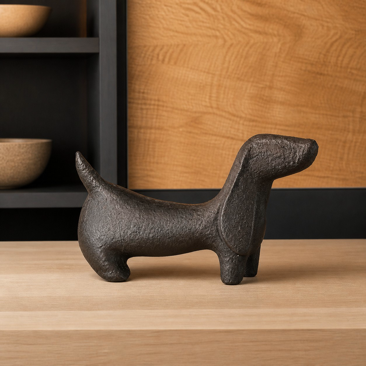 Miniature cast iron Dachshund displayed beside books and a cup