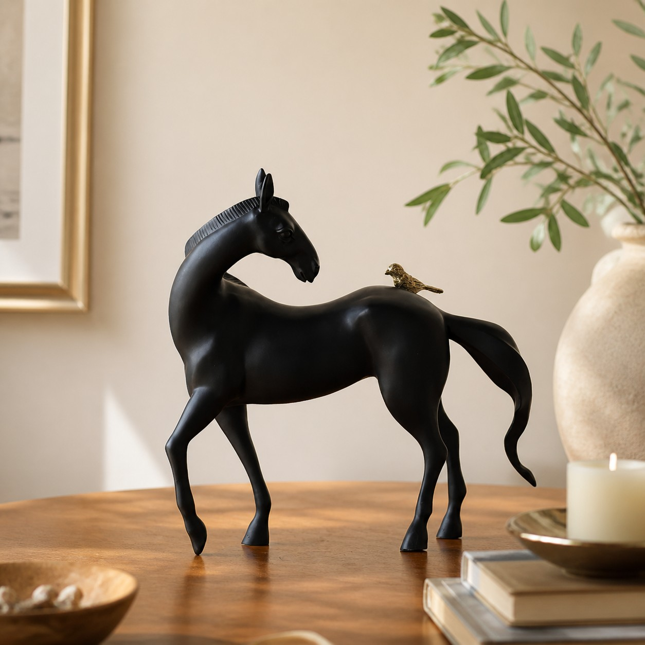 Equora horse and bird sculpture in a warm living room